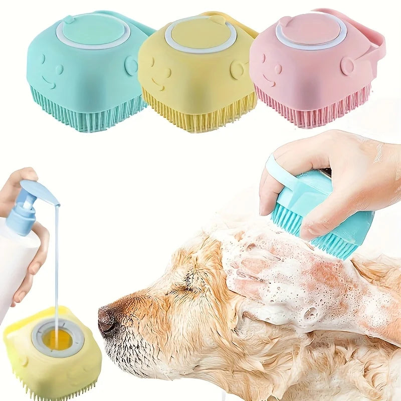 Silicone Dog and Cat Pet Bath Massage Brush with Shampoo Dispenser